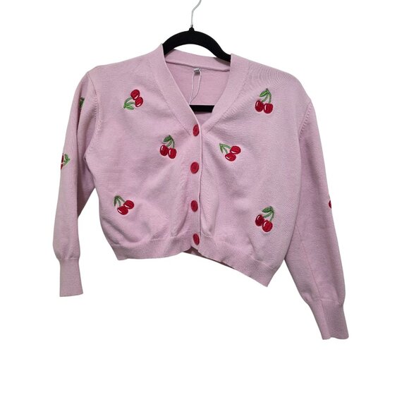 Cherry Embroidered Pink Cropped Cardigan Sweater Red Buttons Size S - Picture 1 of 7
